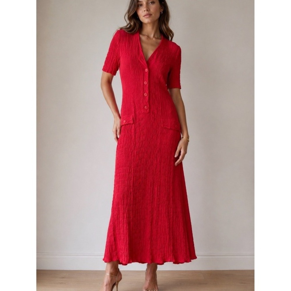Vintage Cache Women's Red Button-Front Midi Dress M